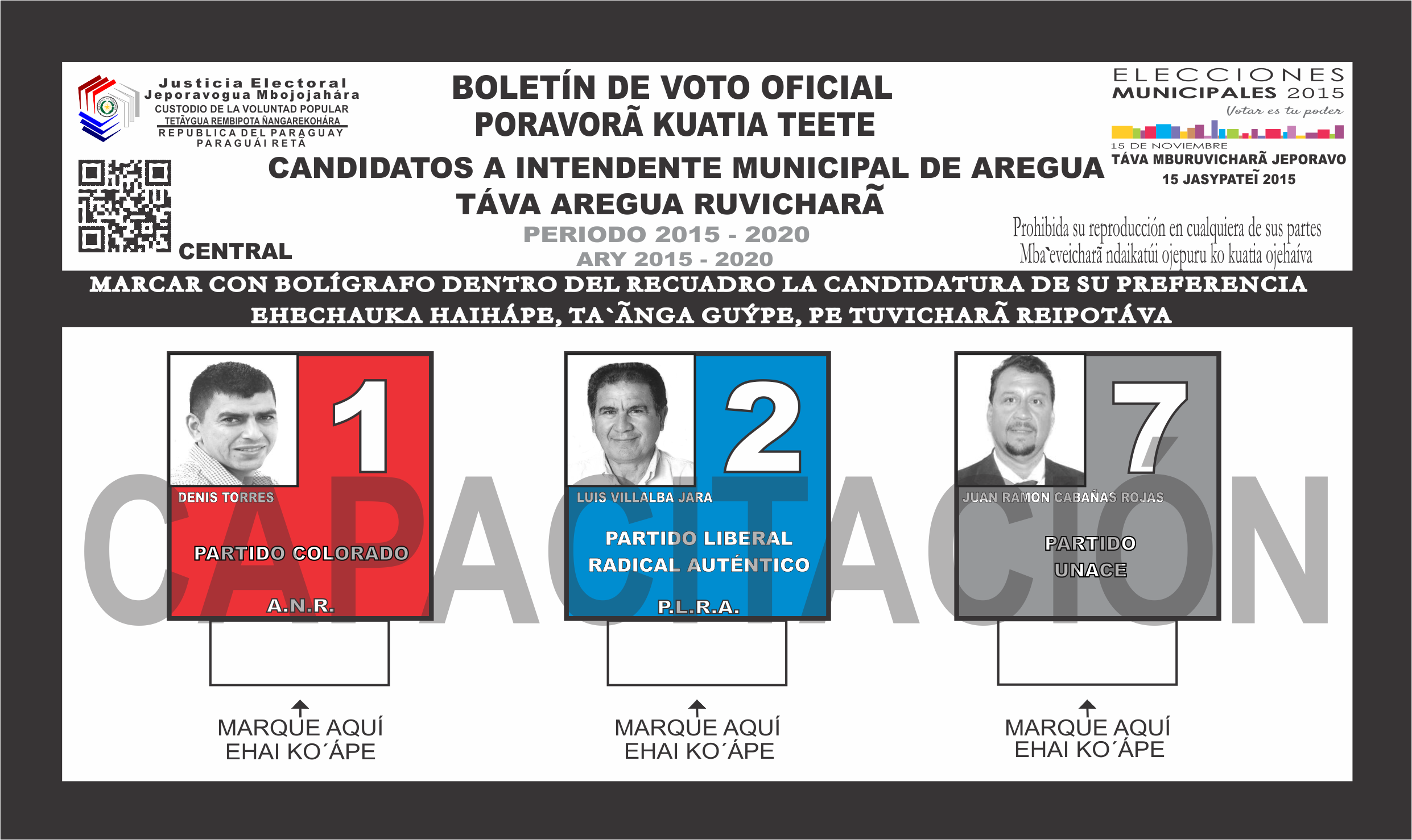 Boletines de voto del Distrito AREGUA del departamento 11 - Central - Intendente