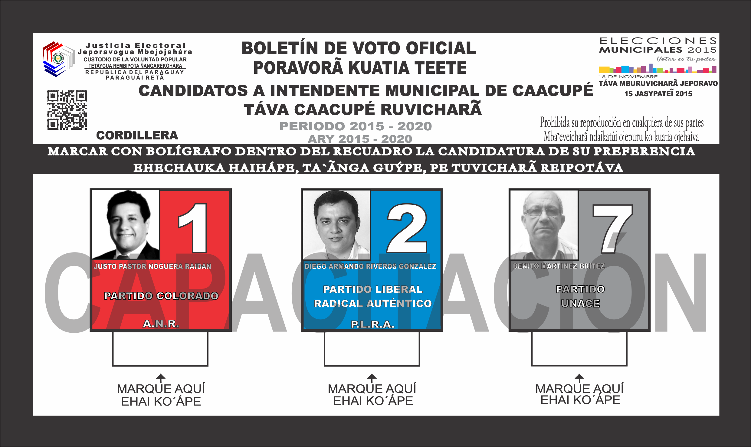 Boletines de voto del Distrito CAACUPE del departamento 3 - Cordillera- Intendente