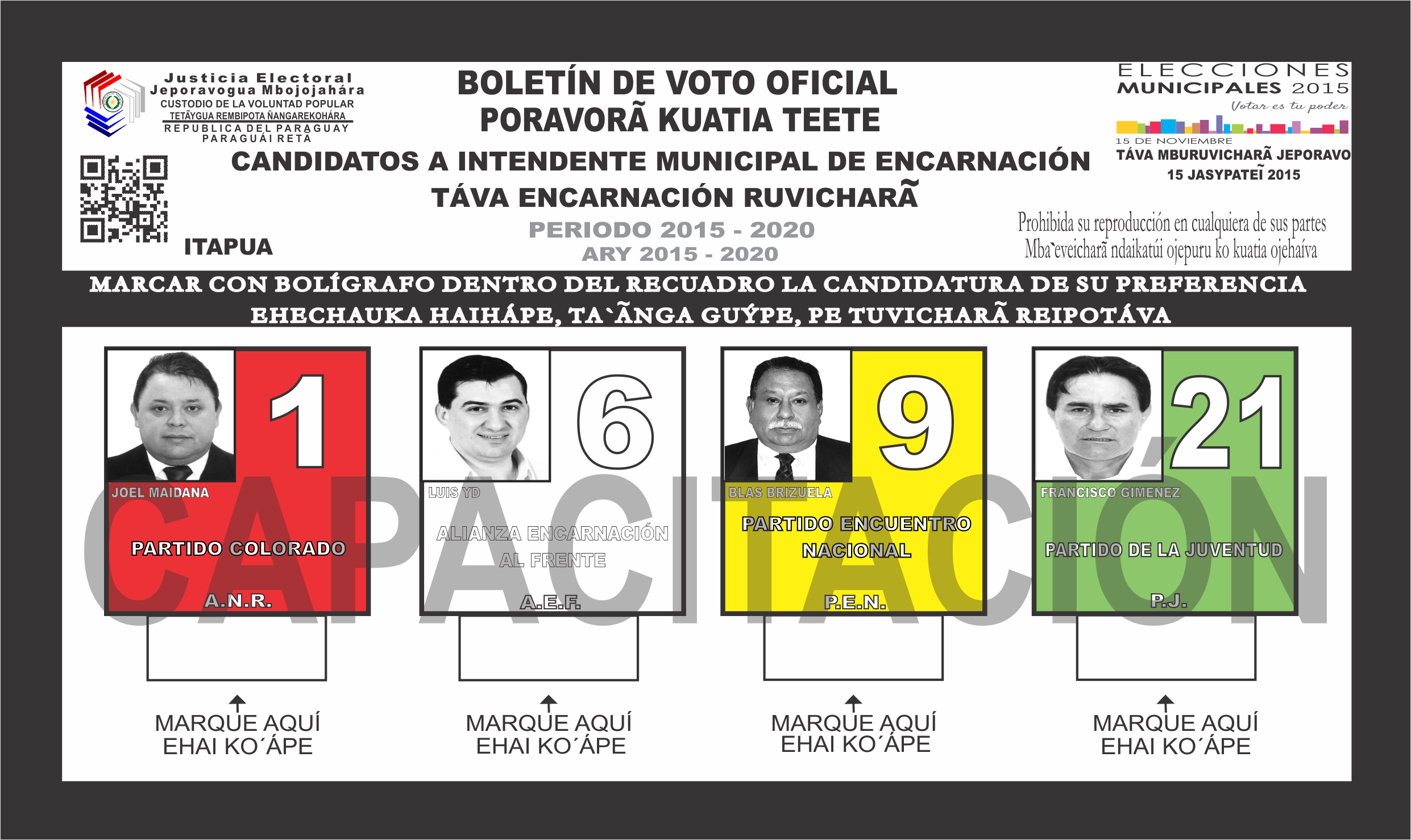Boletines de voto del Distrito ENCARNACION del departamento 7 - ITAPUA- Intendente