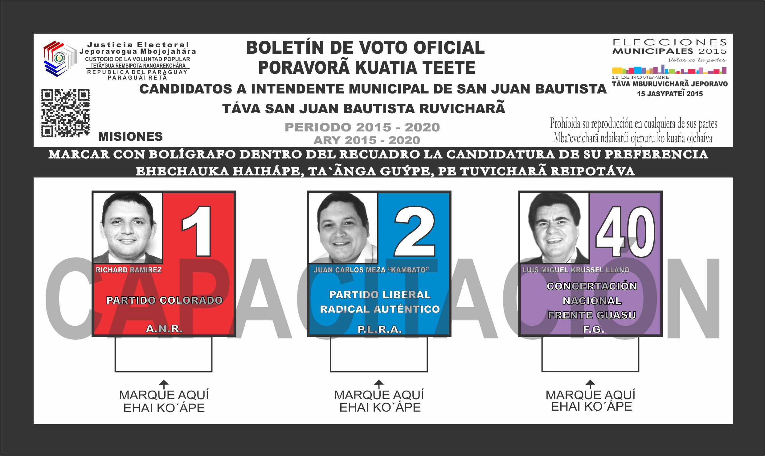 Boletines de voto del Distrito SAN JUAN BAUTISTA del departamento 8 - Misiones- Intendente