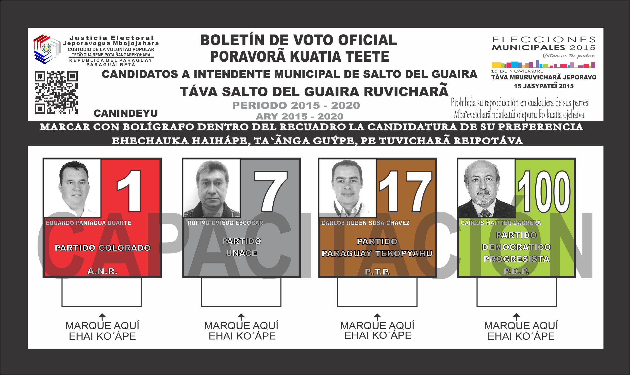 Boletines de voto del Salto del Guairá del departamento 14 - Canindeyu - Intendente