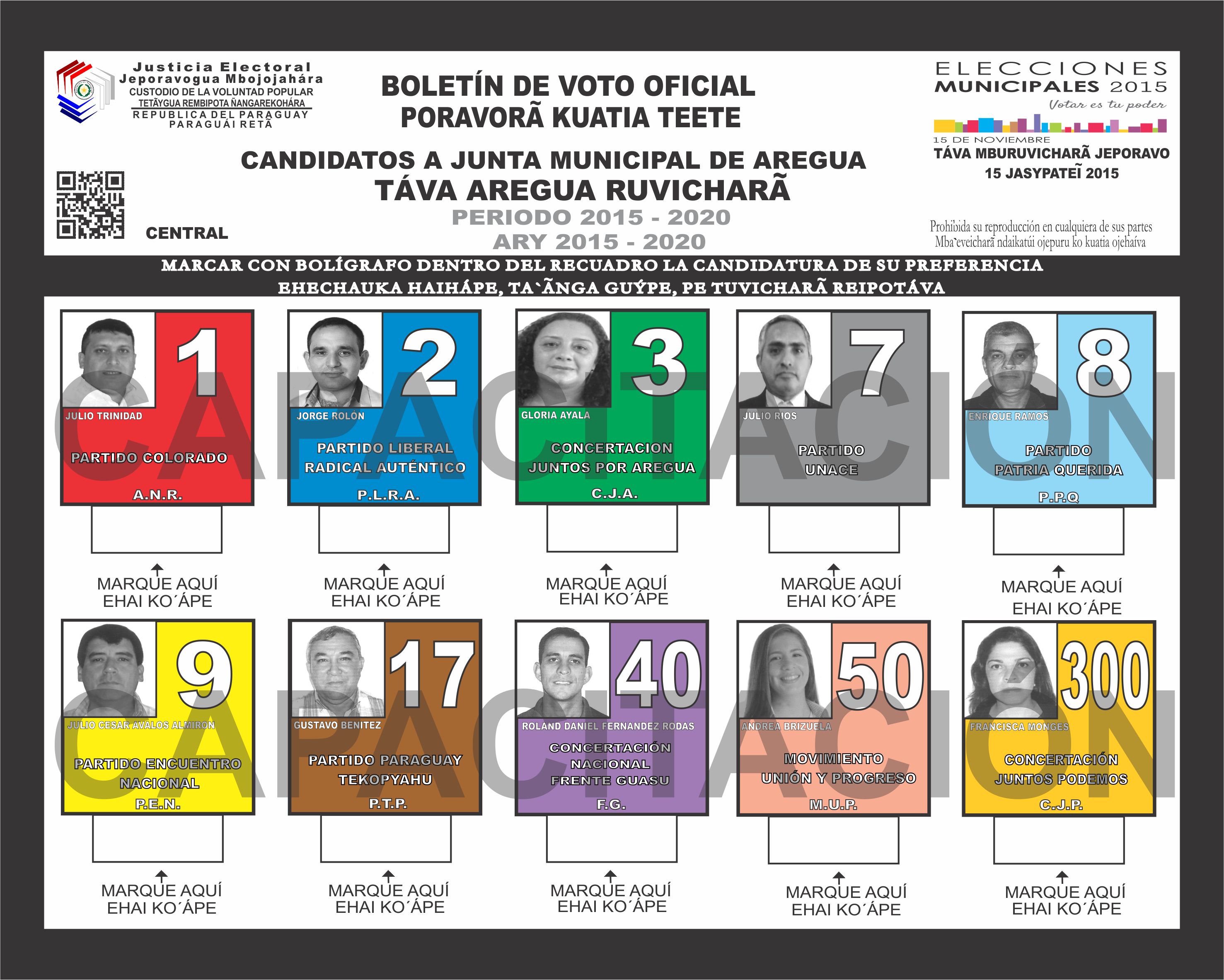 Boletines de voto del Distrito AREGUA del departamento 11 - Central- Junta Miunicipal