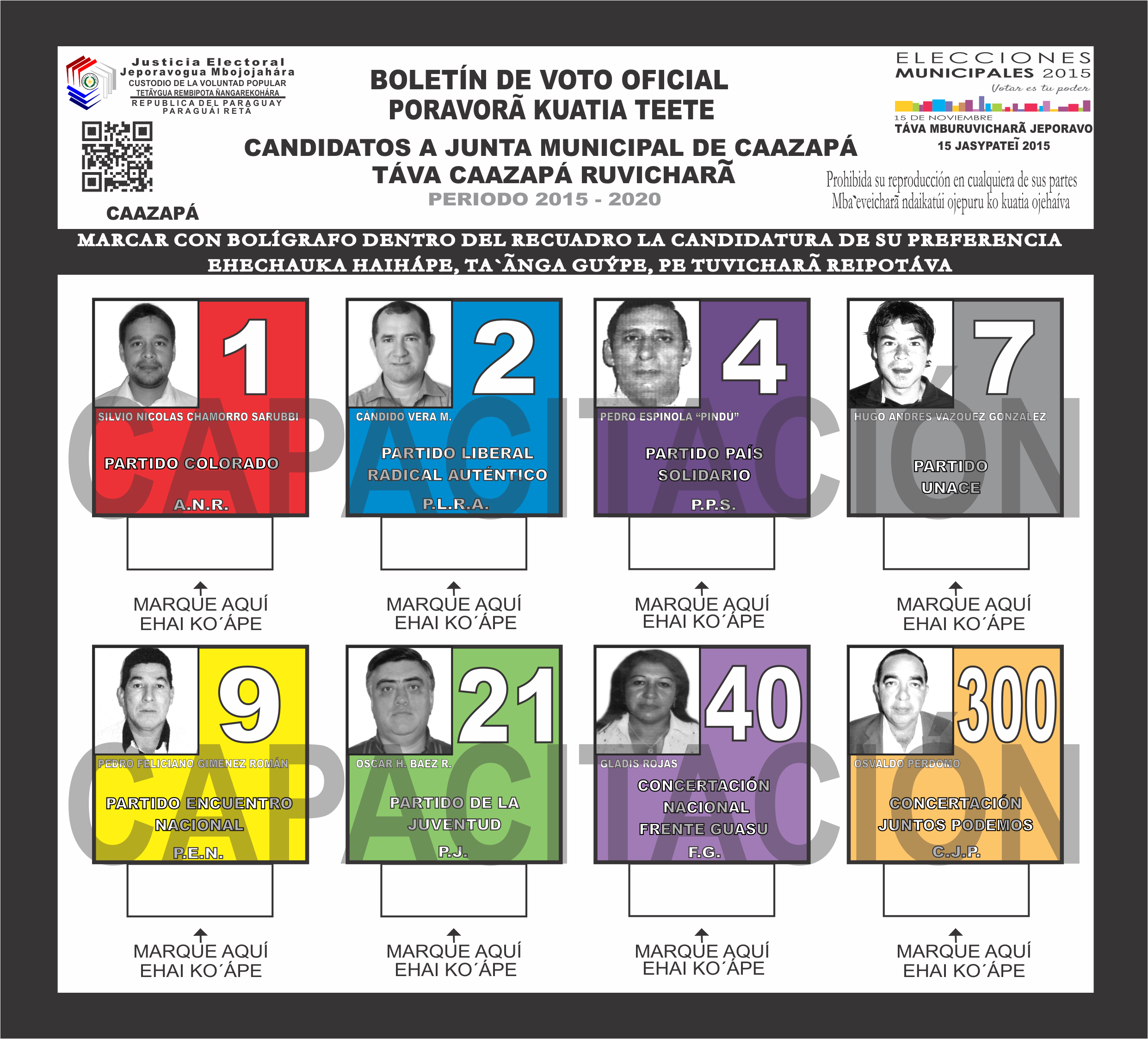 Boletines de voto del Distrito Caazapa del departamento  6 - Caazapa- Junta Miunicipal