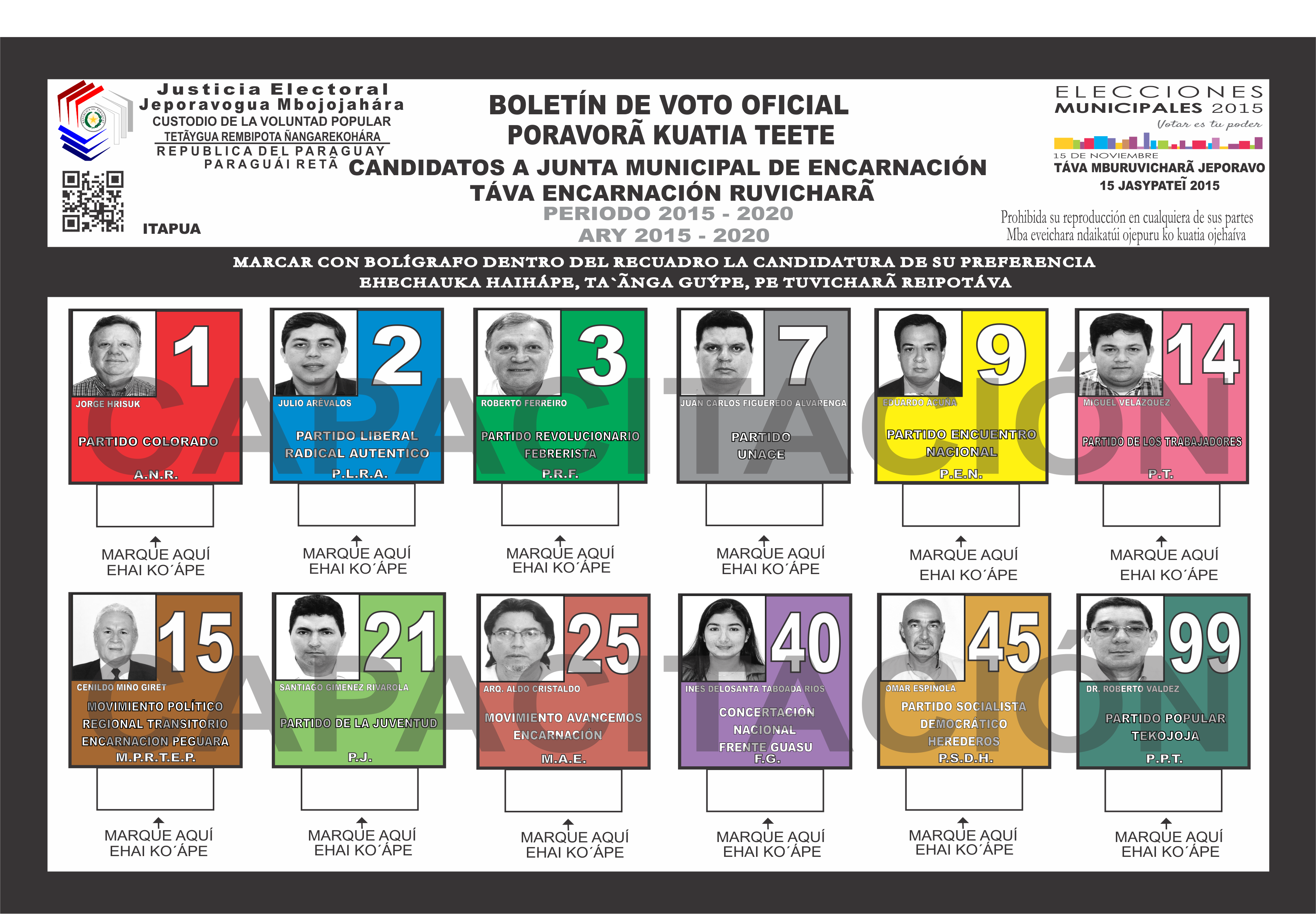 Boletines de voto del Distrito ENCARNACION del departamento  7 - ITAPUA- Junta Miunicipal