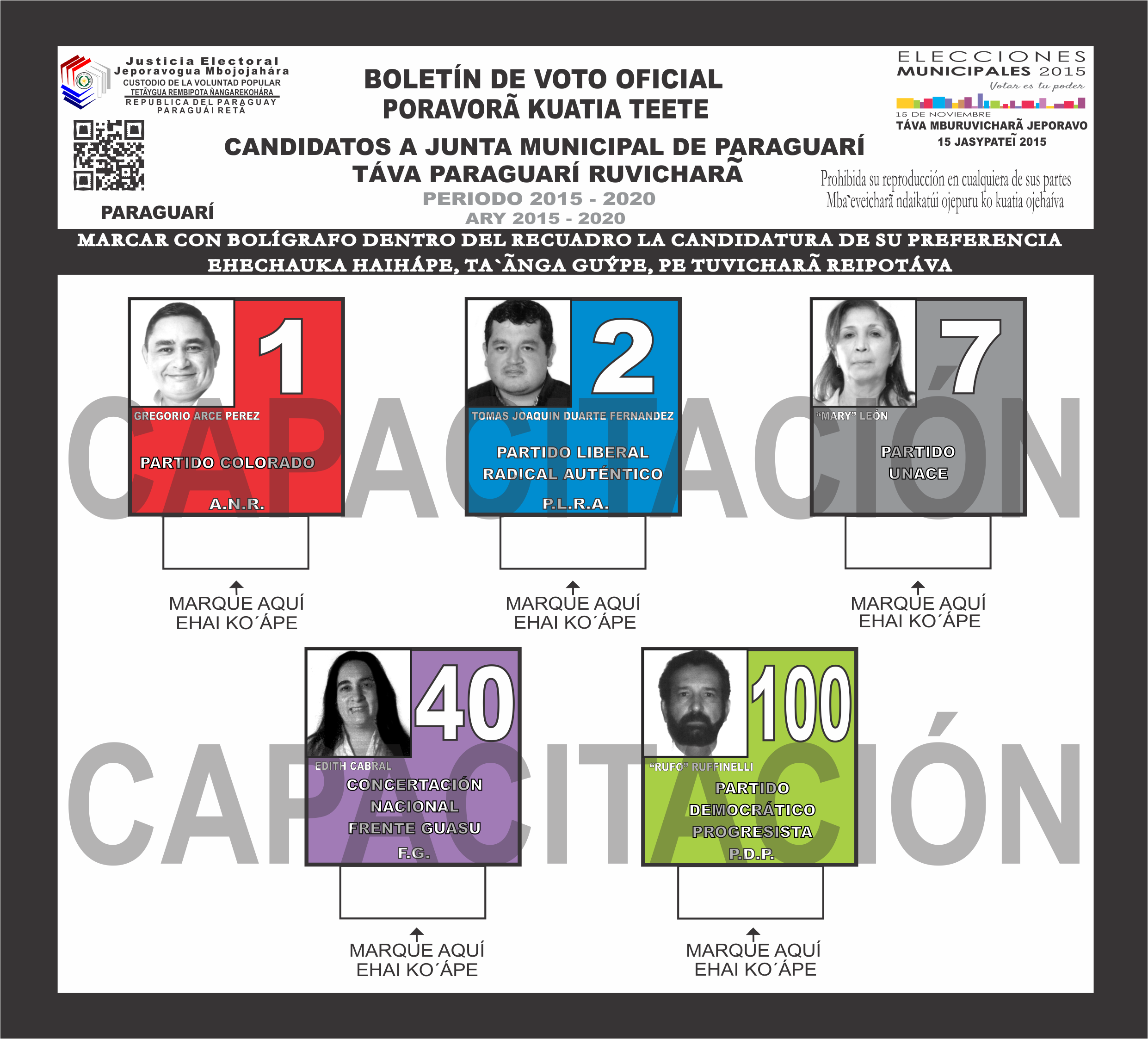Boletines de voto del Distrito Paraguarí del departamento  9 - Paraguarí- Junta Miunicipal