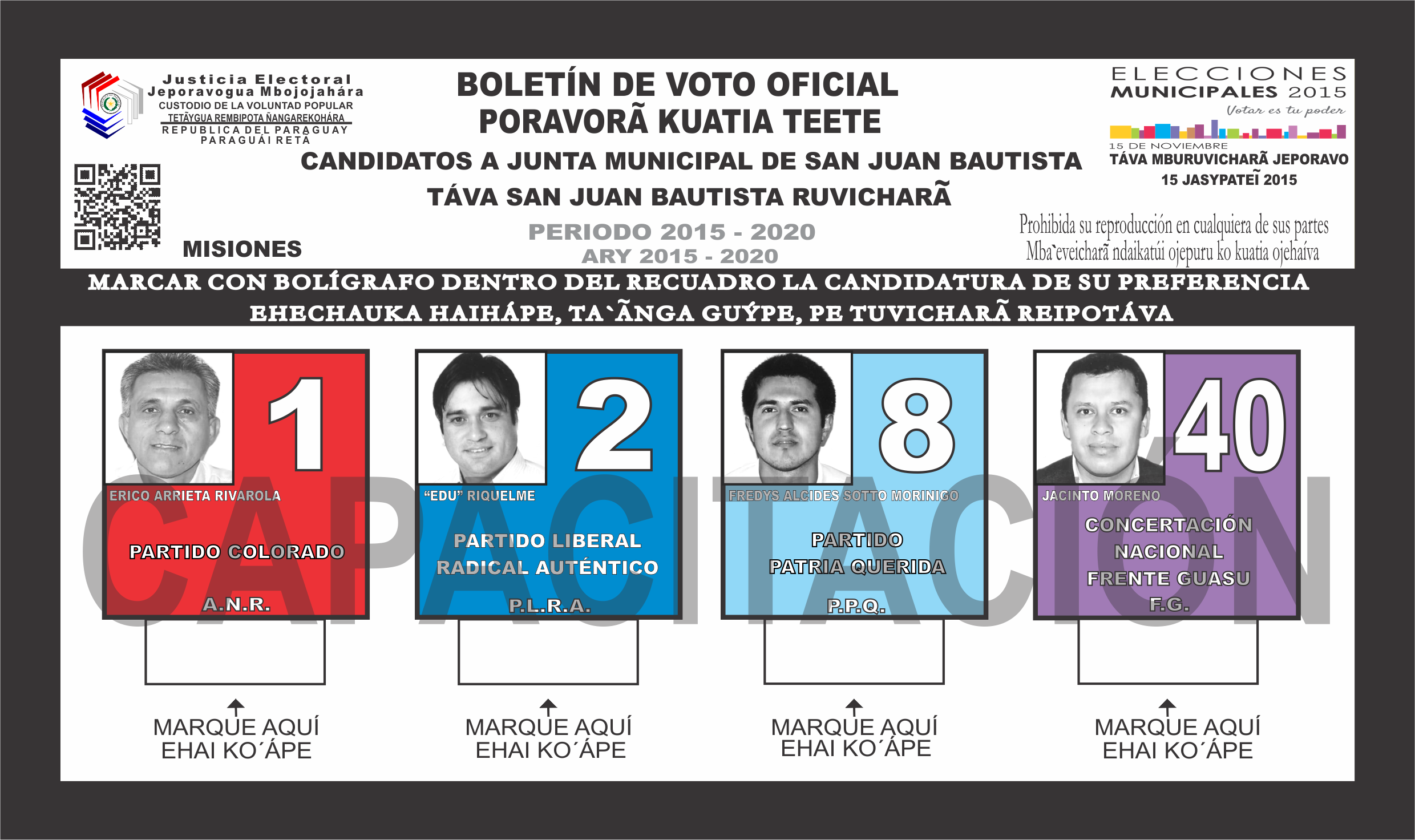 Boletines de voto del Distrito SAN JUAN BAUTISTA del departamento  8 - Misiones- Junta Miunicipal