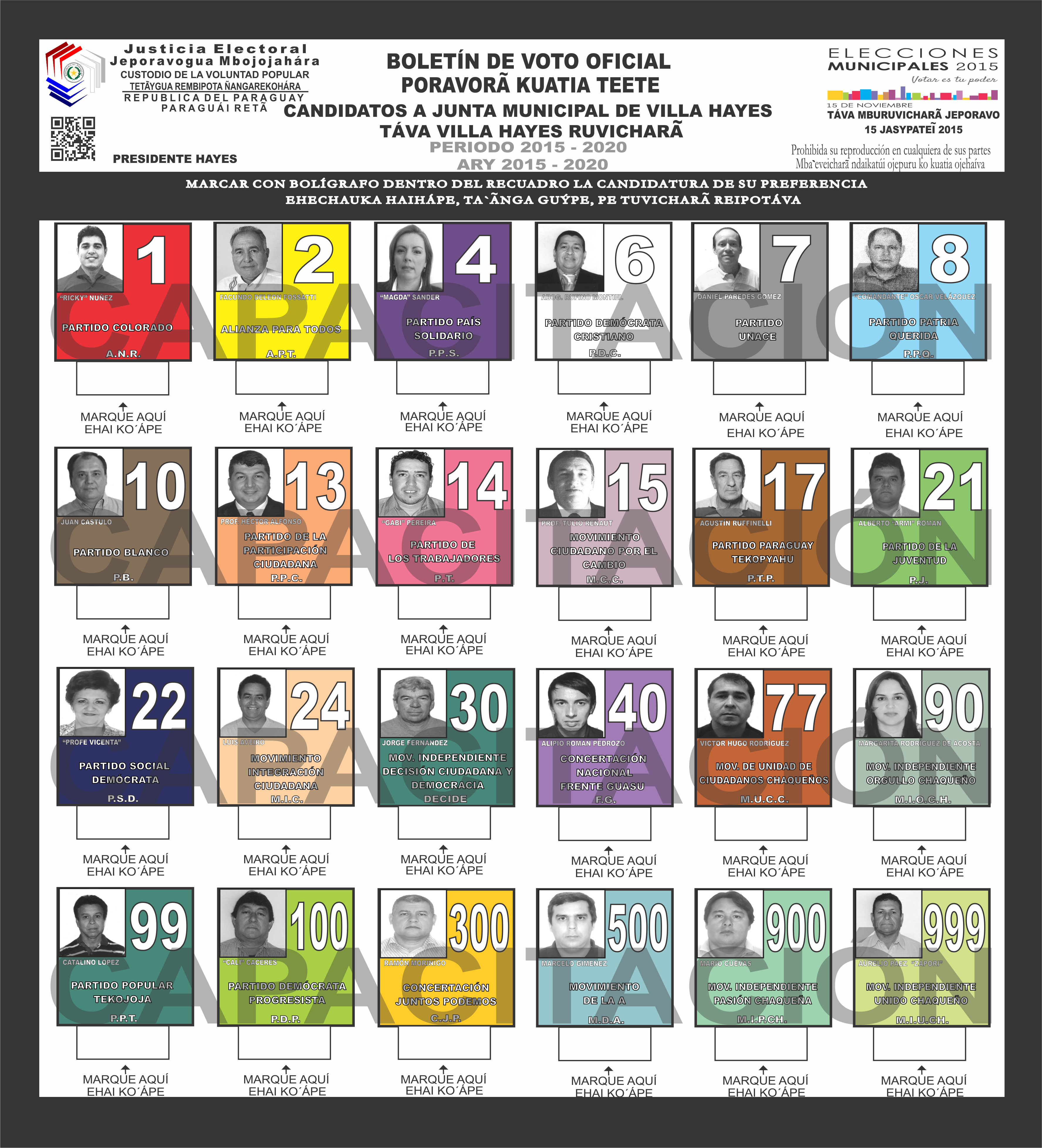 Boletines de voto del Distrito Villa Hayes del 15 - Pdte. Hayes - Junta Miunicipal